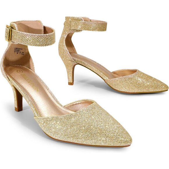 Dream Pairs Women's Gold Glitter Faux Suede pointed Toe Kitten Heels Pumps Shoes - Picture 3 of 7